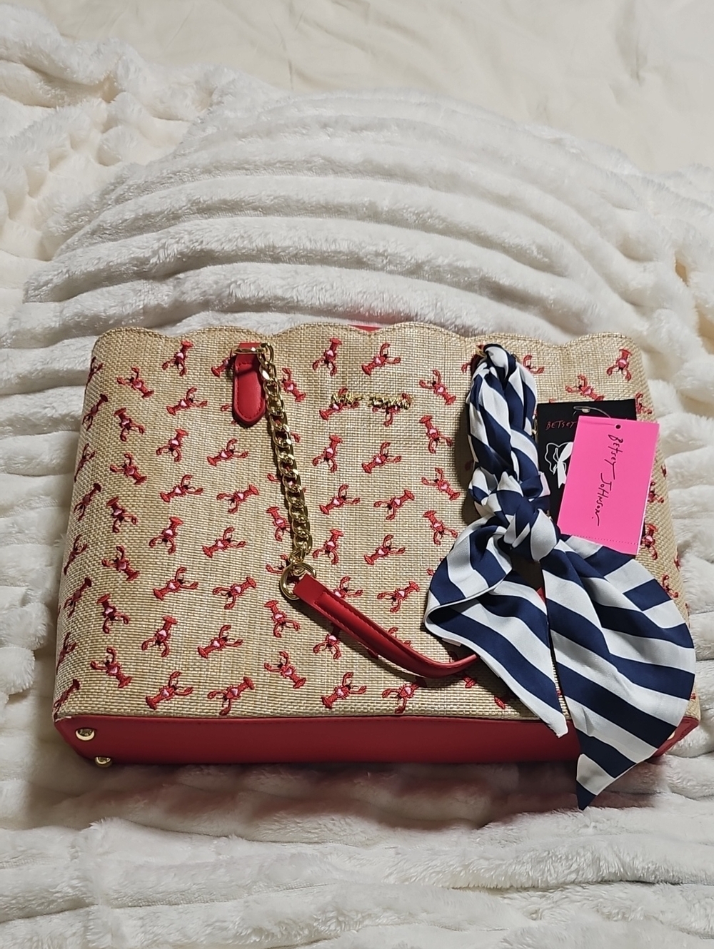 Betsey Johnson Lobster Beige Straw Tote with Red Trim and Gold Chains & Scarf